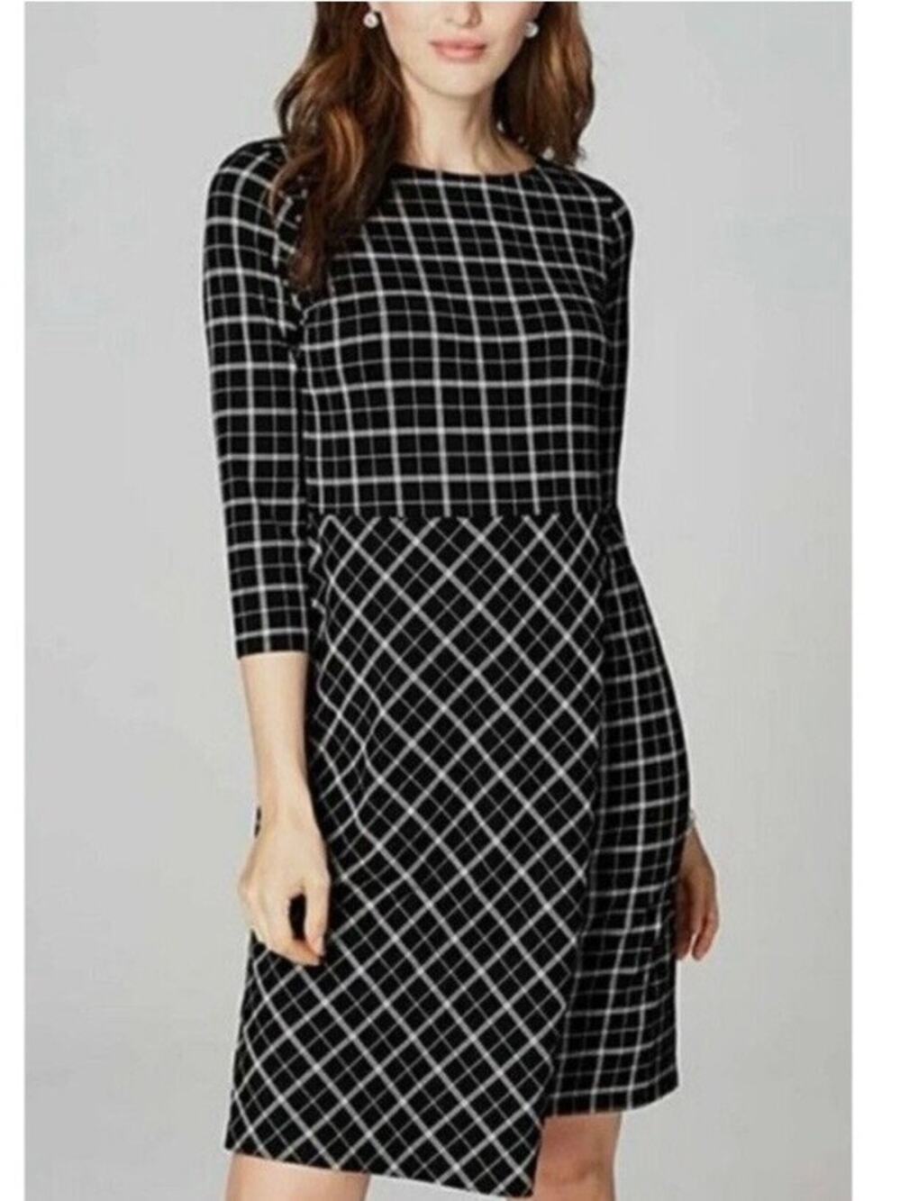 J.Jill Black Window Pane Plaid Faux Wrap Midi Dress Sz.M